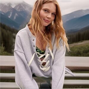 Aerie Heather Gray Oversized Lace-Up Hoodie Size Small